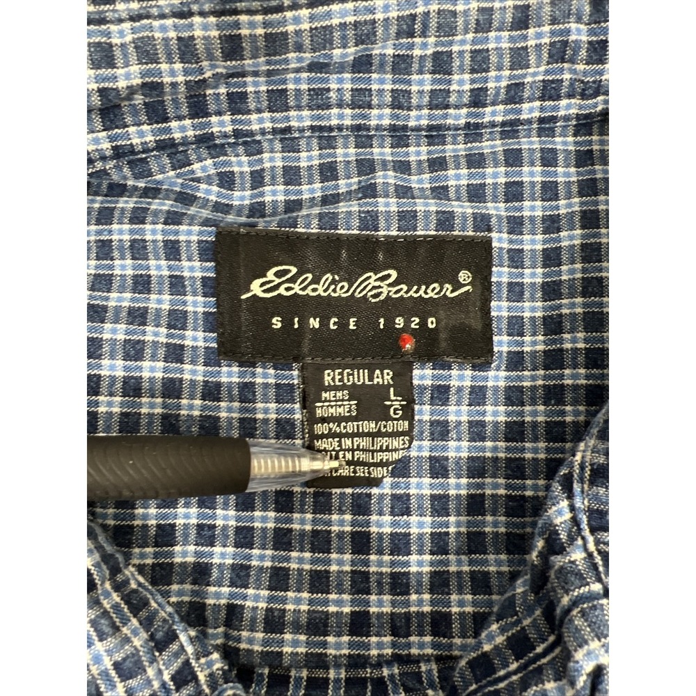 Eddie Bauer Blue Plaid Button Down Collared Short‎ Sleeve Shirt Casual Mens SZ L - Picture 5 of 8